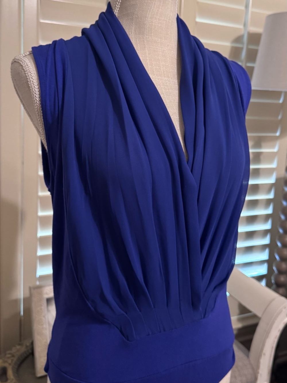 New York and Company Sleeveless Violet Blue Drape Front Bodysuit - Picture 3 of 7